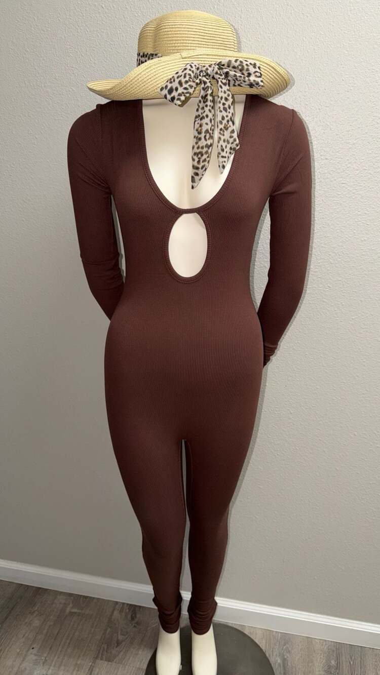 Naked Wardrobe Ribbed Cutout Jumpsuit Size M Brown Long Sleeve